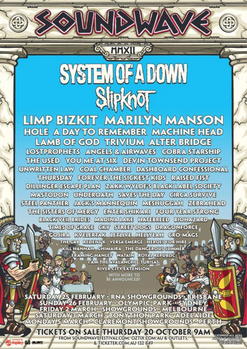 【SYSTEM OF A DOWN、SLIPKNOT出演！】世界最大規模のSoundwave FesにBAD RELIGION、STRUNG OUT、STAIND、ATTACK ATTACK!らが追加！凄すぎる布陣でもう何がなんだか・・。