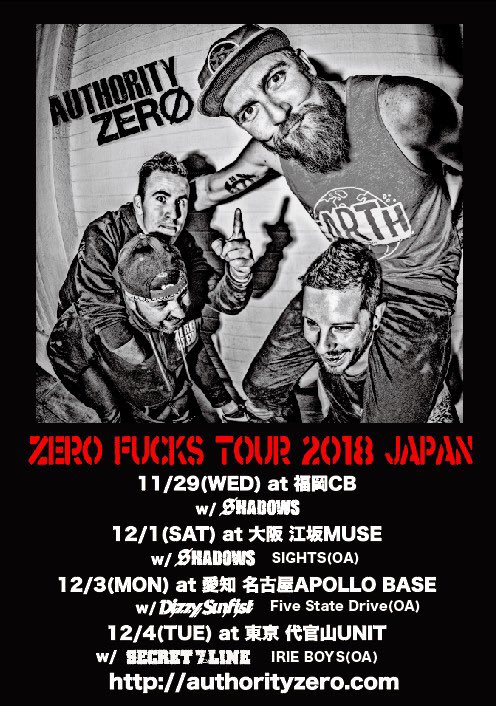 USアリゾナ州のメロディック・パンク・バンド AUTHORITY ZERO、11/29より開催するジャパン・ツアーのゲスト・バンドにSECRET 7 LINEら追加決定！