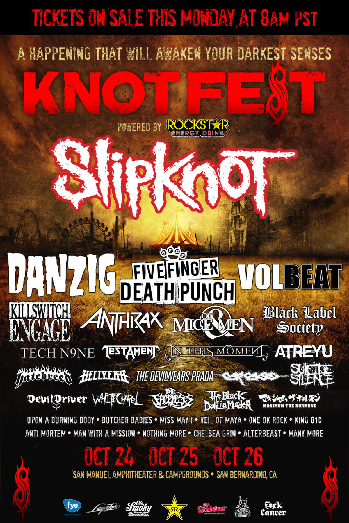 SLIPKNOT主催フェス"KNOTFEST"、本国アメリカでも開催！FFDP、ANTHRAX、KsE、HATEBREED、TESTAMENT