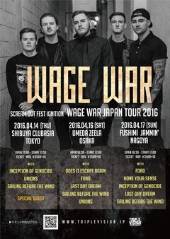 USの若き5人組メタルコア・バンド WAGE WAR、4月に開催する東名阪ツアーの国内出演バンドにDoes It Escape Again、Last Day Dream、UNIONSら決定！