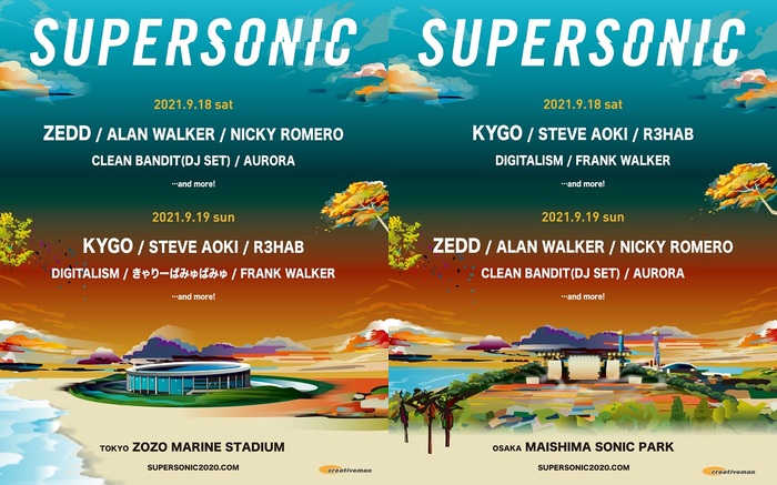 "SUPERSONIC 2021"、第1弾ラインナップでSteve Aoki、ZEDD、Alan Walker、Nicky Romero、AURORA、R3HABら発表！