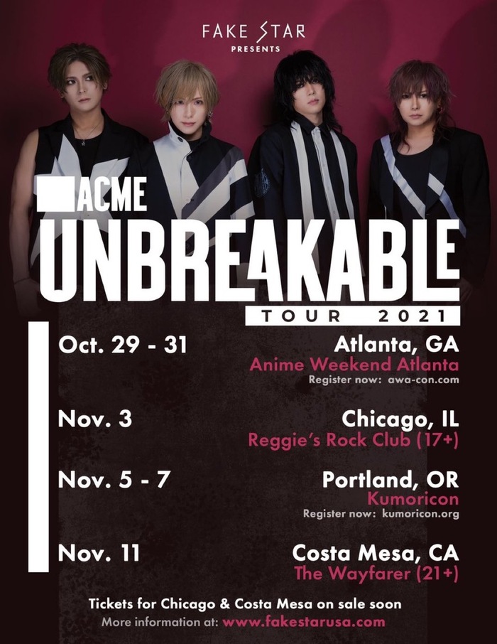 ACME、2年ぶりアメリカ・ツアー"Unbreakable Tour 2021"今秋開催決定！