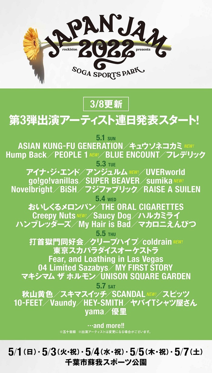 "JAPAN JAM 2022"、第3弾出演アーティスト連日発表スタート！新たにcoldrain、Creepy Nuts、sumika、キュウソネコカミら7組決定！