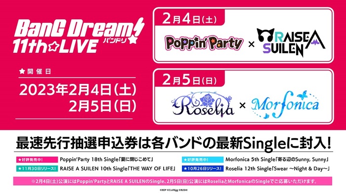 Poppin'Party×RAISE A SUILEN、Roselia×Morfonicaの初組み合わせ！"BanG Dream! 11th☆LIVE"来年2/4-5開催決定！