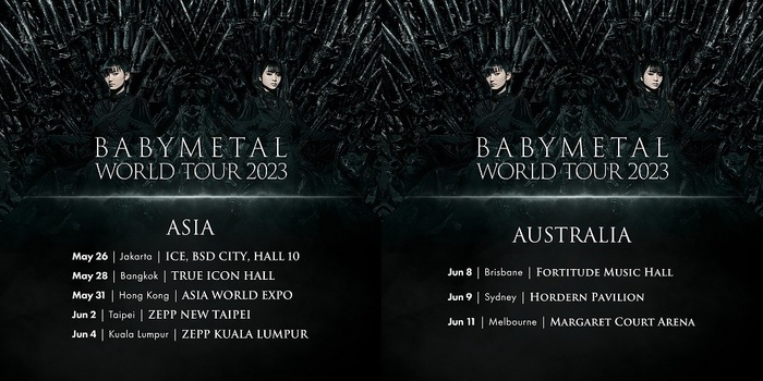 BABYMETAL、"BABYMETAL WORLD TOUR 2023"開催決定！初となるアジア＆オーストラリアでのワンマン・ツアーの日程発表！