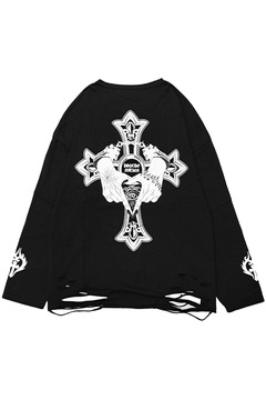 PSYCHO NATION (サイコネーション) クロス箔ダメージTEE BLACK×オーロラ