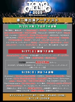 "TOKYO CALLING 2025 -10th Anniversary-"、第2弾出演アーティストでJasonAndrew、アイスクリームネバーグラウンド等40組発表！