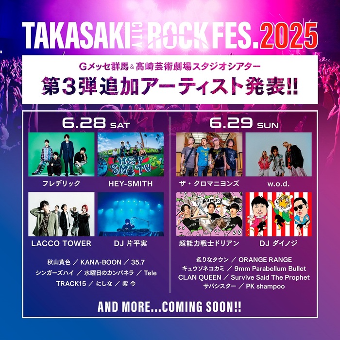 "TAKASAKI CITY ROCK FES.2025"、出演アーティスト第3弾でHEY-SMITH、ザ・クロマニヨンズ等8組発表！