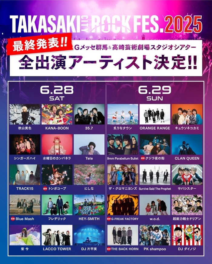 "TAKASAKI CITY ROCK FES.2025"、最終出演アーティストでG-FREAK FACTORY、THE BACK HORN、クジラ夜の街、トンボコープ、Blue Mash発表！