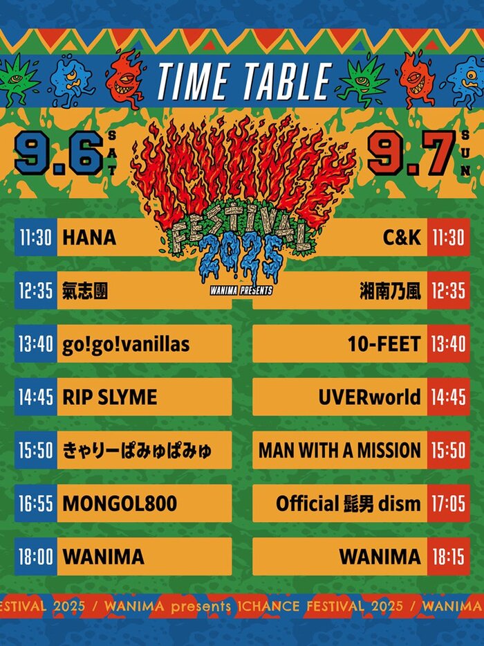 WANIMA主催フェス"1CHANCE FESTIVAL 2025"、タイムテーブル公開！